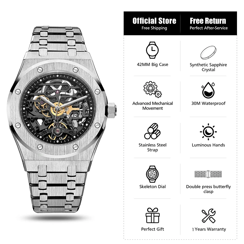 FEICE Automatic Mechanical Luxury Watch Men Top Brand Stainless Steel Watch Luminous Waterproof Watch for Men feice Skeleton 019 - Image 5