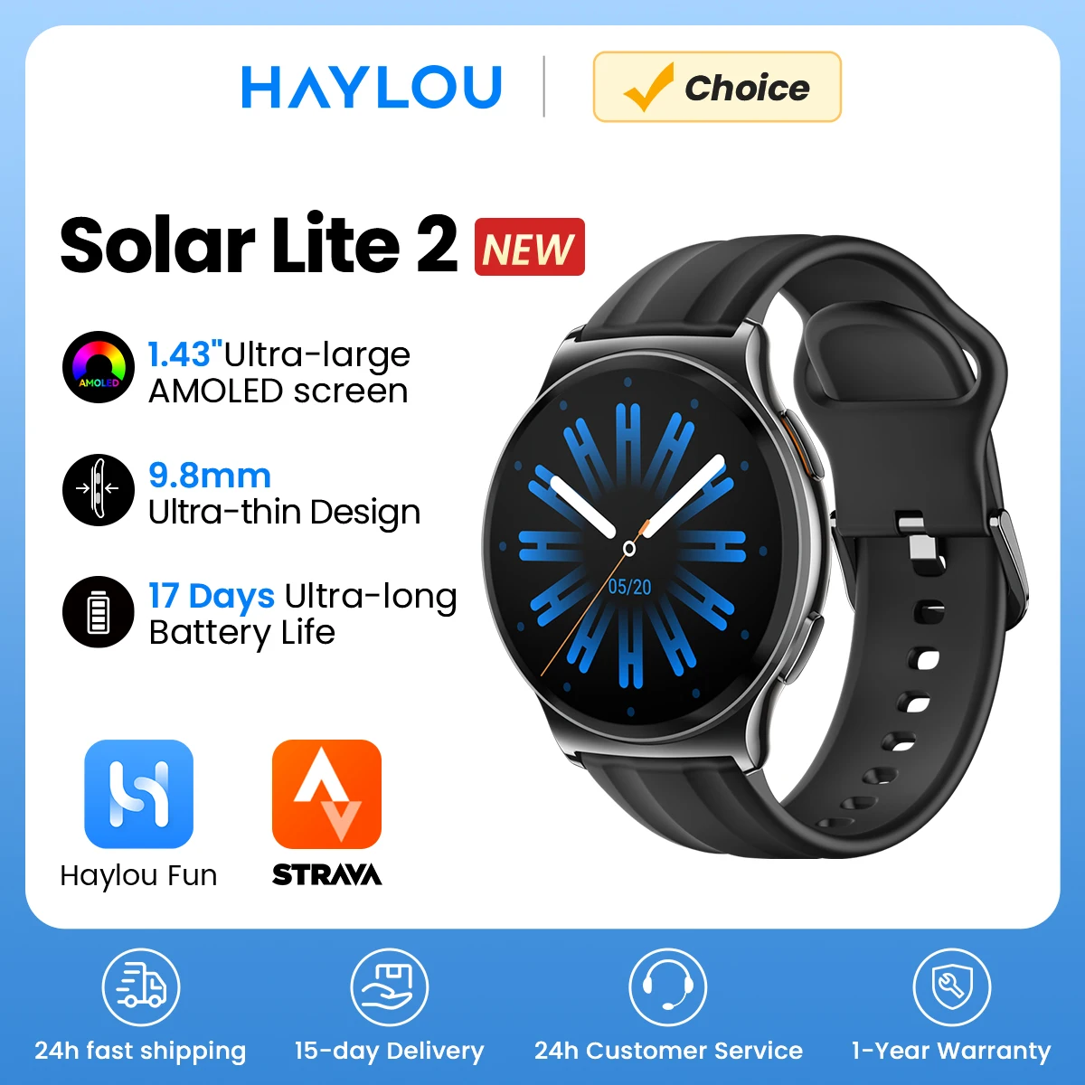 HAYLOU Solar Lite 2 Smartwatch 1.43” AMOLED Display 24h Health Monitoring 150+ Sports Modes Voice Calling Smart Watch 1ATM