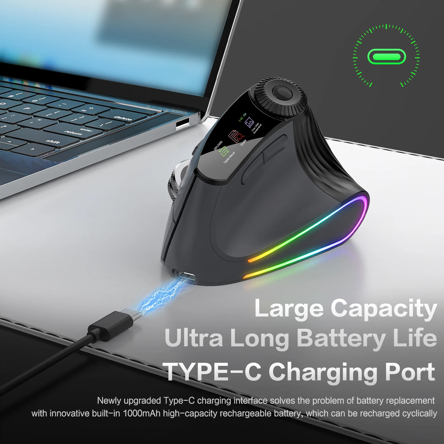 Jomaa RGB Backlit Speed Roller Wireless Vertical Mouse with Function Adjustment Knob Bluetooth USB Ergonomic Mice Slient Click - Image 14