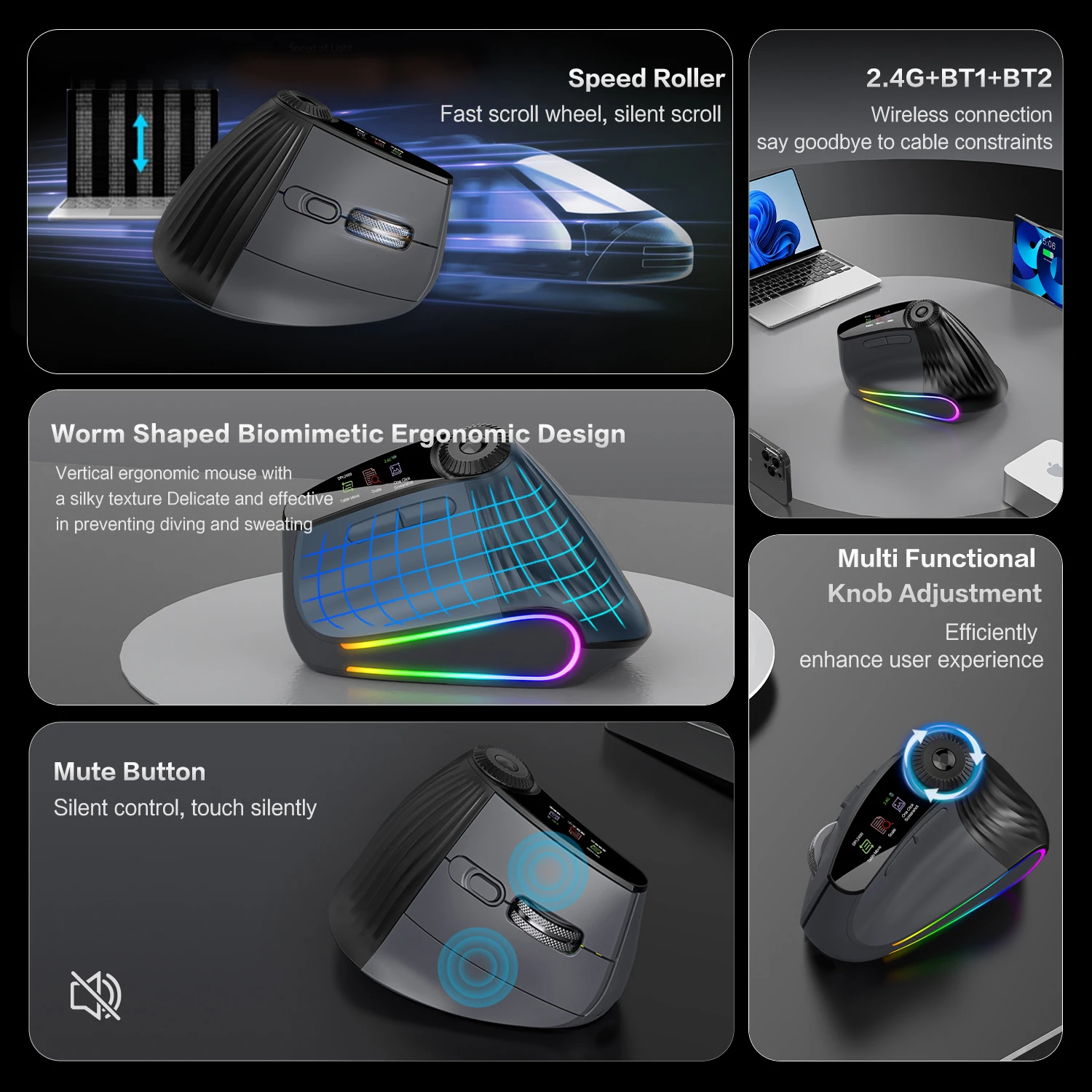Jomaa RGB Backlit Speed Roller Wireless Vertical Mouse with Function Adjustment Knob Bluetooth USB Ergonomic Mice Slient Click - Image 20