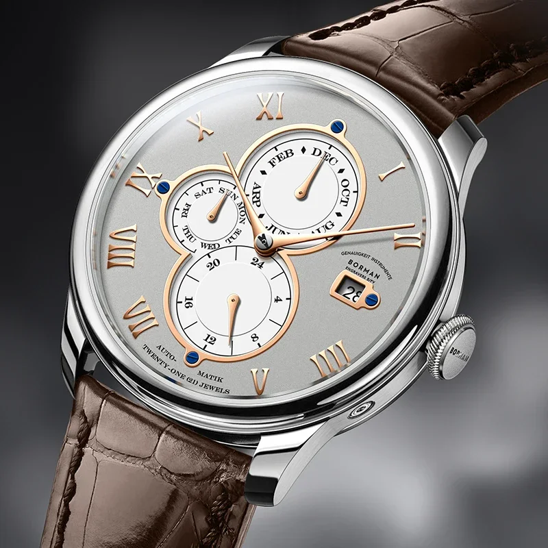 Luxury Brand BORMAN Automatic Mechanical Men’s Watches Sapphire 50M Waterproof Multi-function Dial Retro Leather Clocks BM18011