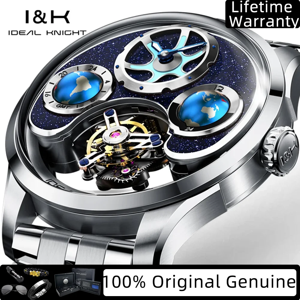 IDEAL KNIGHT Real Tourbillon Automatic Watches for Men 43mm Large Dial Blue Earth Series High-end Luxury Brand Mechanical Watch